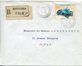 1967, 5.Jul., R-Bf.m. EF. MONTE-CARLO PTE DE MONACO(Handstpl.) nach PAU R.P. BASSES-PYR...