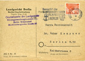 1952, 5.Jun., Kte. m. EF. BERLIN-CHARLOTTENBURG 2 bl - BESUCHT DIE INTERNATIONALEN FILMFE...