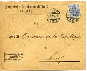 1907, 20.Jul., Bf.m. EF. METZ 1 *k(Handstpl.) nach BRIEY(Frankreich). Postlaufzeit: 1 ...
