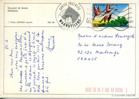 1992, 27.Feb., Ans.-Kte. m. EF. ZIGUINCHOR(Masch.-Stpl.) nach Frankreich. Porto: 125 F. ...
