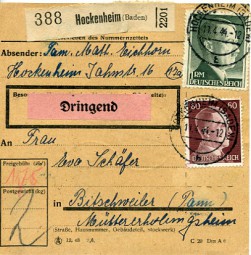 1944, 11.Apr., Paketkte. m. MiF. HOCKENHEIM (BADEN) b(Handstpl.) nach TANN (ELS) BITSCH...