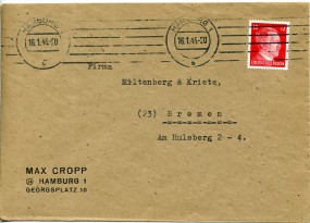 1945, 16.Jan., Bf.m. EF. HAMBURG 1 b(Masch.-Stpl.) nach Bremen. Porto: RM 0.12.