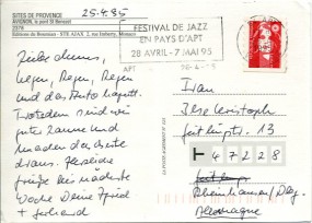 1995, 26.Apr., Ans.-Kte. m. EF. 84 APT VAUCLUSE - FESTIVAL DE JAZZ EN PAYS D'APT 28 AVRIL...