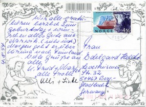 1994, 5.Aug., Ans.-Kte. m. EF. 8500 NARVIK(Masch.-Stpl.) nach Westdeutschland. Porto: Kr...