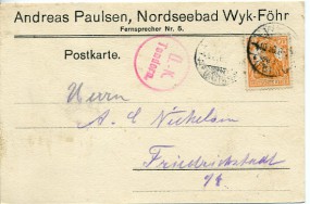 1916, 4.Okt., Kte. m. EF. WYK (FÖHR)..(Handstpl.) nach Friedrichstadt. Porto: M 0.075. M...
