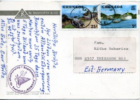 1979, 6.Jan., Ans.-Kte. m. MiF. G.P.O. GRENADA W.I.(Handstpl.) nach Ostdeutschland. Port...