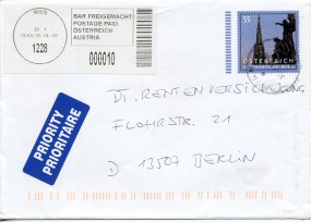 2010, 12.Jul., 55c.-GA-Umschlag m. Zus.-Frankatur. 1228 WIEN a(Handstpl.) nach Deutschla...