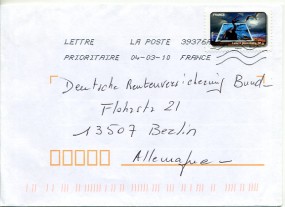2010, 4.Mrz., Bf.m. EF. LETTRE PRIORITAIRE LA POSTE 39376A(Dotmatrix-Stpl.) nach Deutsch...