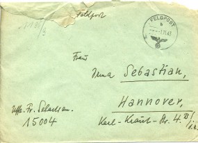 1943, 1.Nov., Bf. FELDPOST b(Feldpost-Handstpl.) nach Hannover. Abs.: Feldpost-Nr.15004 ...