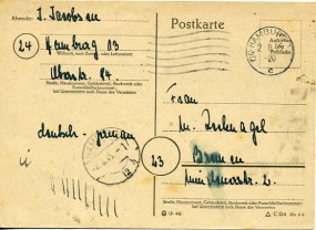 1945, 2.Aug., GA-Kte. (24) HAMBURG 1 c(Masch.-Stpl.) nach Bremen. Porto: RM 0.06.
