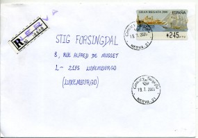 2000, 19.Jul., R-Bf.m. EF. NERVA-21(Handstpl.) nach Luxemburg. Porto: 245 Ptas.