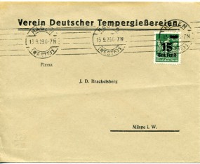 1923, 13.Sep., Drucks.-Bf.m. EF. HAGEN (WESTF.) 1(Masch.-Stpl.) nach Milspe. Porto: 15.0...
