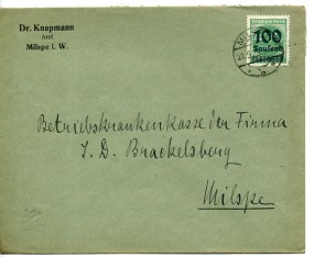 1923, 21.Sep., Bf.m. EF. MILSPE *b*(Handstpl.) nach Milspe. Porto: 100000 M.