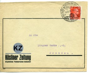 1928, 23.Aug., Bf.m. EF. KÖSLIN 1 c - DIE STADT GERÄUCHERTER EDELLACHSE(Handstpl.) nach ...