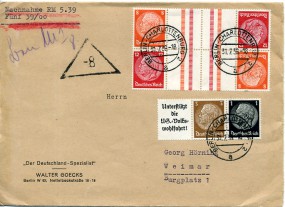 1939, 31.Jul., NN-Bf.m. MiF. BERLIN-CHARLOTTENBURG 2 a(Handstpl.) nach Weimar. Porto: RM...