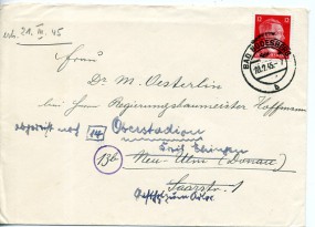 1945, 20.Feb., Bf.m. EF. BAD GODESBERG b(Handstpl.) nach Neu-Ulm. Porto: RM 0.12. Nachge...
