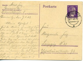 1943, 7.Jan., 6Pfg.-GA-Kte. TARNOWITZ a(Handstpl.) nach Leipzig. Porto: RM 0.06.
