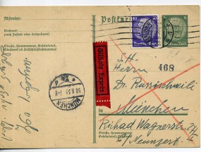1933, 29.Aug., Eil-6Pfg.-GA-Kte.m. Zus.-Frankatur. BERLIN W7 qq(Rollerstpl.) nach MÜNCH...