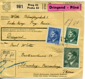 1943, 16.Aug., Paketkte. m. MiF. PRAG 82 PRAHA 82 d(Handstpl.) nach STRASSBURG-KRONENBU...
