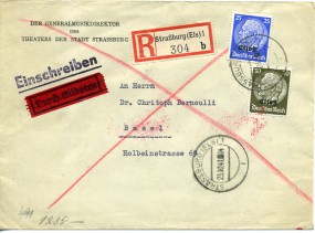 1941, 23.Okt., R-Eil-Bf.m. MiF. STRASSBURG (ELS) 1 f(Handstpl.) nach TELEGRAPH BASEL(S...