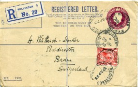 1923, 29.Sep., 4.5d-GA-R-Umschlag m. Zus.-Frankatur. WILLESDEN 191.HIGH RD. N.W.(Handstp...