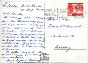 1954, 20.Aug., Ans.-Kte. m. EF. ST. GALLEN 1 BRIEFVERSAND - ST. GALLER PFERDESPORTTAGE 19...