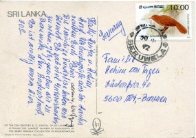1992, 30.Okt., Ans.-Kte. m. EF. BERUWELA(Handstpl.) nach Deutschland. Porto: Rp.10.00.