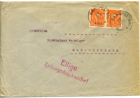 1922, 27.Okt., Drucks.-Bf.m. MeF. BAHNPOST LSHAF I KSRSL(bayer.Bahnpost-Stpl.) nach Bad ...