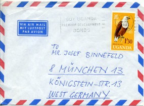 1968, 18.Jan., Lp.-Bf.m. EF. KAMPALA - BUY UGANDA PREMIUM DEVELOPMENT BONDS(Masch.-Werbe...