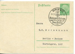 1937, 24.Jan., 5Pfg.-GA-Kte. BERLIN W62 - KOLONIALFEIERN VOM 23. U. 24. JAN. 37 ZOO BERLI...