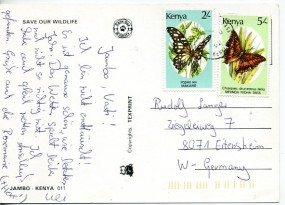 1992, 20.Jun., Ans.-Kte. m. MiF. .. MOMBASA(Handstpl.) nach Deutschland. Porto: 7'-.