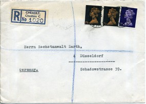 1968, 25.Jan., R-Bf.m. MiF. CHEADLE C CHESHIRE(Handstpl.) nach Westdeutschland. Porto: 3...