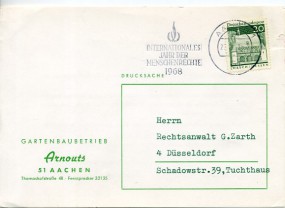 1968, 23.Dez., Kte. m. EF. 51 AACHEN 1 ma - INTERNATIONALES JAHR DER MENSCHENRECHTE(Masc...