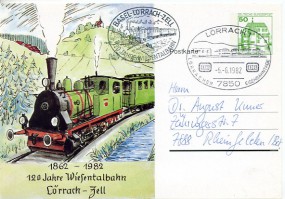 1982, 5.Jun., 50Pfg.-GA-Kte. 7850 LÖRRACH 1 - LÖRRACHER EISENBAHNTAGE(So.-Stpl.) nach Rh...