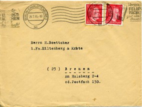 1945, 24.Feb., Bf.m. MeF. BERLIN-CHARLOTTENBURG 2 bn - VERPACKT FELDPOST=PÄCKCHEN GUT UND...