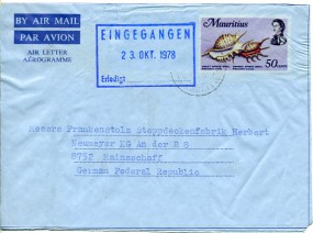 1978, 14.Okt., 50c.-GA-Aerogramm. PORT LOUIS(Handstpl.) nach Westdeutschland. Porto: Rp....