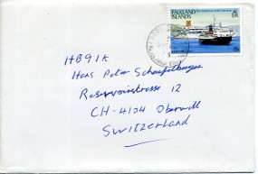 1984, 28.Feb., Bf.m. EF. PORT STANLEY(Handstpl.) in die Schweiz. Porto: £0.13.
