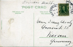 1909, 3.Feb., Ans.-Kte. m. EF. HOT SPRINGS..(Handstpl.) nach Deutschland. Porto: $0.01.
