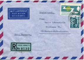 1965, 16.Jun., R-Lp.-Bf.m. MiF. REGISTERED, HONG KONG E(Handstpl.) nach Westdeutschland....