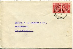 1928, 31.Okt., Bf.m. MeF. MALACCA(Handstpl.) nach Deutschland. Porto: $0.12.