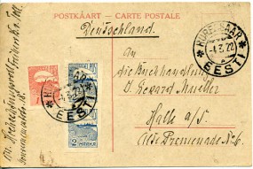 1922, 4.Mrz., Kte. m. MiF. HURESSAAR p EESTI(Handstpl.) nach Deutschland. Porto: 5 Mk.