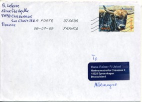 2009, 8.Jul., Bf.m. EF. LA POSTE 37668A FRANCE(Dotmatrix-Stpl.) nach Deutschland. Porto:...
