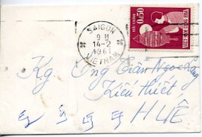 1961, 14.Feb., Bf.m. EF. SAIGON VIETNAM(Masch.-Stpl.) nach Huê. Porto: D.0.50.