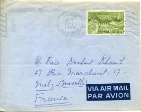1964, 10.Feb., Lp.-Bf.m. EF. SAIGON VIET-NAM(Masch.-Stpl.) nach Frankreich. Porto: D.8.0...