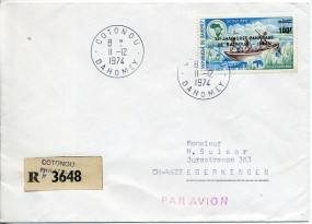 1974, 11.Dez., R-Lp.-Bf.m. EF. COTONOU DAHOMEY(Handstpl.) in die Schweiz. Porto: 100 F.