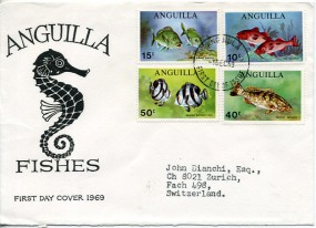 1969, 1.Dez., FDC m. MiF. ANGUILLA(So.-Stpl.) in die Schweiz. Porto: $1.15.