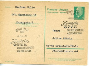 1966, 4.Dez., 10Pfg.-GA-Antwort-Kte (Antwortteil). 108 BERLIN 8 - KOMISCHE OPER WIEDERERÖ...