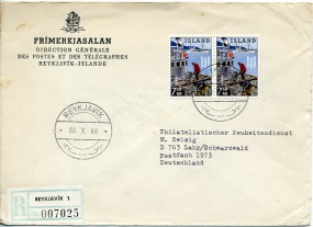 1968, 30.Okt., R-Bf.m. MeF. REYKJAVÍK(Handstpl.) nach Westdeutschland. Porto: Kr.15.00.