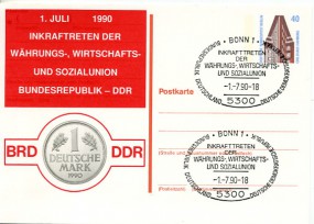 1990, 1.Jul., 40Pfg.-GA-Kte. 5300 BONN 1 - INKRAFTTRETEN DER WÄHRUNGS-, WIRTSCHAFTS- UND ...