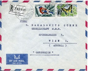1965, 10.Dez., R-Lp.-Bf.m. MiF. BEYROUTH 1 R.P.(Handstpl.) nach Österreich. Porto: 75 P....